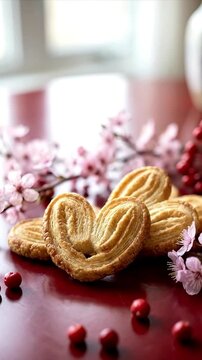 A delightful composition showcases golden-brown, heart-shaped puff pastry cookies, artfully arranged on a lustrous red surface. Delicate pink blossoms and vibrant red berries are scattered around, cre