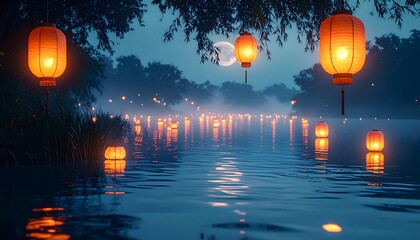 Glowing lanterns float on tranquil water at dusk, illuminating the night like fireflies