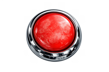 Red push button with metallic chrome frame and fingerprints, representing urgency, alarm, and emergency action