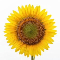 Obraz premium A vibrant, fully open sunflower blossom, showcasing its detailed petals and seed head, perfectly isolated on a bright white studio background, sunny, single, organic
