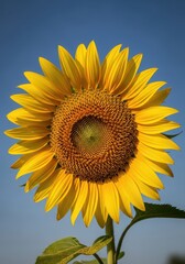 Obraz premium A vibrant single sunflower stands alone against a clear, deep blue sky, symbolizing solitude, resilience, and natural beauty in summer light, stem, macro, light