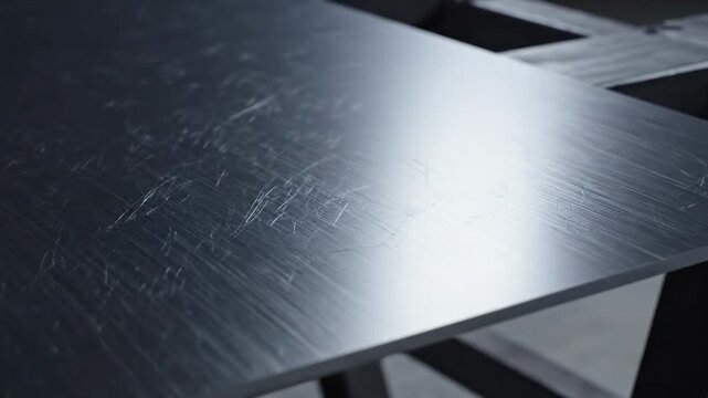 dark grey bg. A close-up shot of a smooth, brushed metal surface showcasing fine scratches and reflections under indirect lighting, highlighting the material's industrial quality and texture