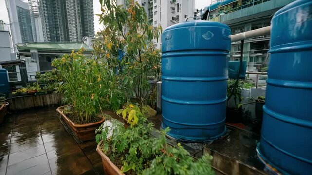 Medium shot of urban rooftop rainwater harvesting system with barrels collecting runoff for garden irrigation highlighting sustainable water reuse in city environments.