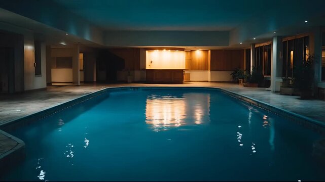 Indoor swimming pool scene with water reflections at night time leisure activity