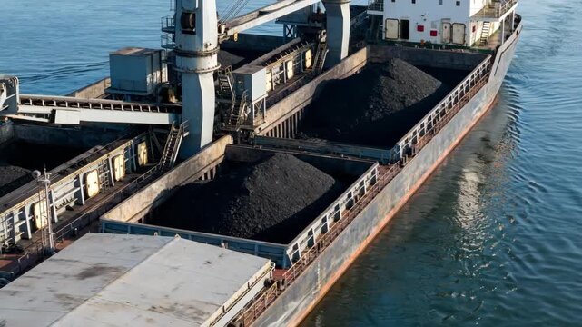 Medium shot of industrial vessel transporting coal across open water showcasing heavy machinery and onboard storage compartments.