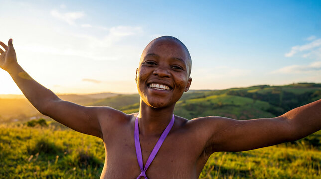 World Cancer Day-Young bald African woman wearing purple ribbon with arms spread wide outdoors smiling radiantly, strength freedom triumph hope empowerment concept