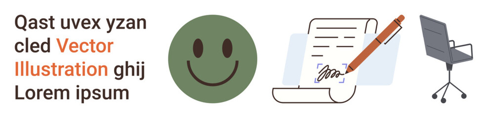 Fototapeta premium Workspaces, communication, productivity, organization, creativity, positivity. A green happy face, document with signing pen and office chair. Communication and productivity concepts