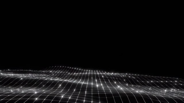 Waving Grid Landscape with Silver Dots on Black Background