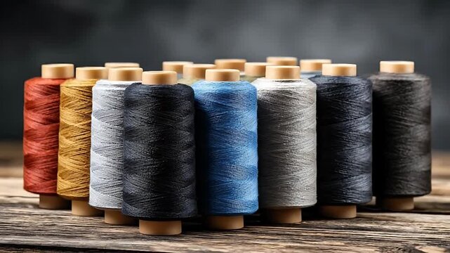 Multiple spools of colored thread arranged neatly on a wooden table surface viewed from the front