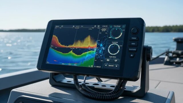 Medium shot focusing on an advanced AIpowered fish finder mounted on a boat console illustrating interactive sonar and depth controls.