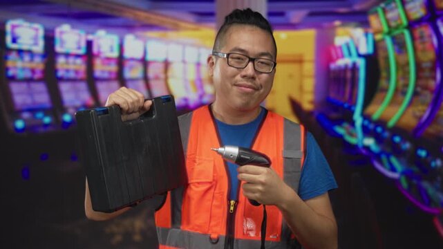 Man holding black toolbox and electric screwdriver in casino building while smiling and posing, wearing reflective vest; skilled maintenance confidence.