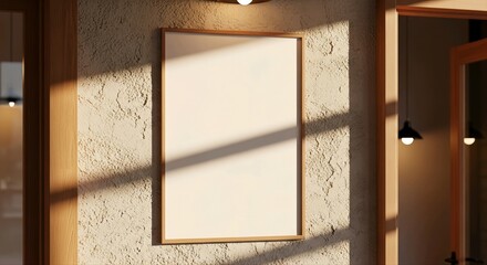 Vertical poster mockup on a textured exterior wall with warm sunlight and soft shadows, wooden frame and hanging sign detail, perfect for coffee shop branding or cafe signage
