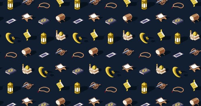Colorful eid themed motion loop of islamic icons on dark blue background