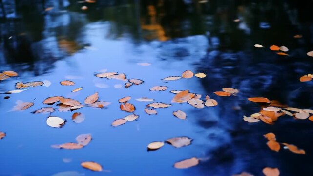 Autumn leaves floating on water surface nature environment background