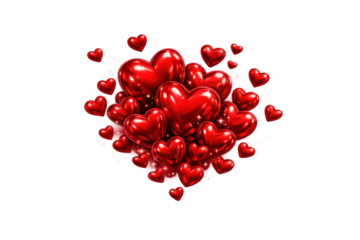 Red glossy 3d heart balloons floating, symbolizing love, romance, and valentine's day celebration, isolated on transparent background