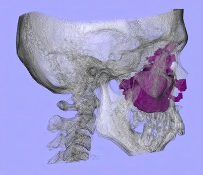 3D CT scan of the paranasal sinuses showing sinus cavities, nasal septum, and facial bones with findings suggestive of sinusitis, nasal polyps, or mass lesions for radiology and ENT evaluation