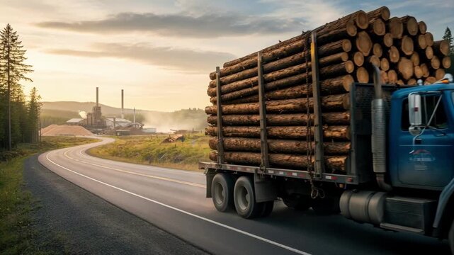 Medium shot of a flatbed truck loaded with freshly cut logs driving along a rural highway towards a timber processing facility.