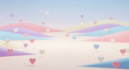 Happy Valentines Background with Hearts Floating Over Pastel Hills in a Serene Landscape View