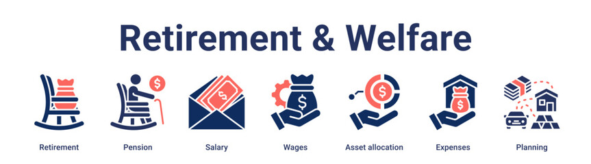 Retirement & Welfare banner web icon vector illustration concept for business with icon of Retirement, Pension, Salary, Wages, Asset allocation, Expenses.