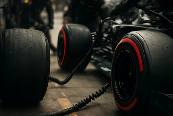 Obraz premium Racing car tires being serviced in a pit stop with Formula One wheels and machinery around them