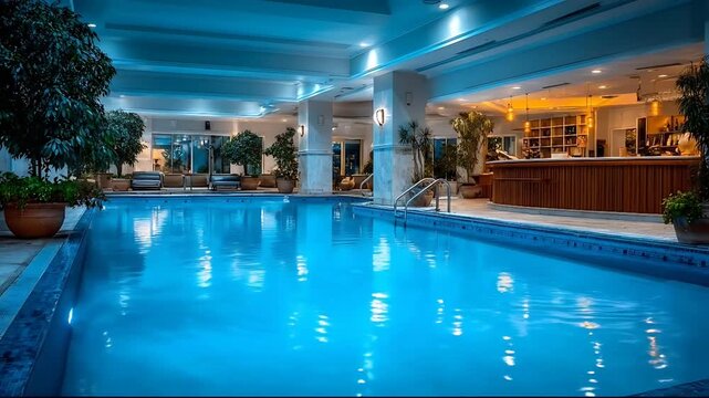Indoor pool scene at dusk with lounge chairs and bar area nearby at night time view