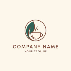 Fototapeta premium Minimalist Logo Design with Coffee Cup and Leaf in Circle.