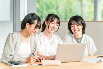 Elementary school and junior high school girls in casual clothes studying and learning while looking at a computer