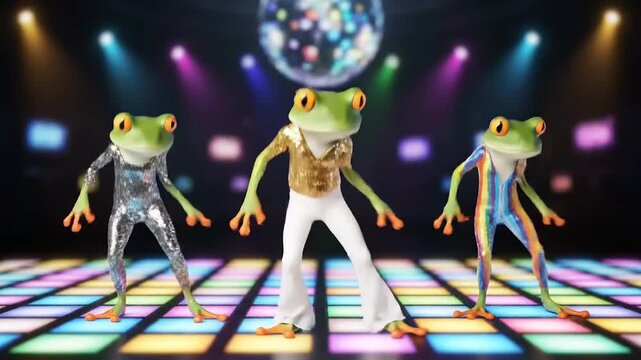 Three groovy frogs in vibrant disco attire lighting up the dance floor under a glittering disco ball, celebrating a night of retro fun and lively entertainment