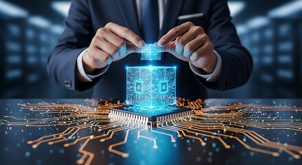 Futuristic Businessman Assembling a Glowing Digital Circuit Board with Microchip.