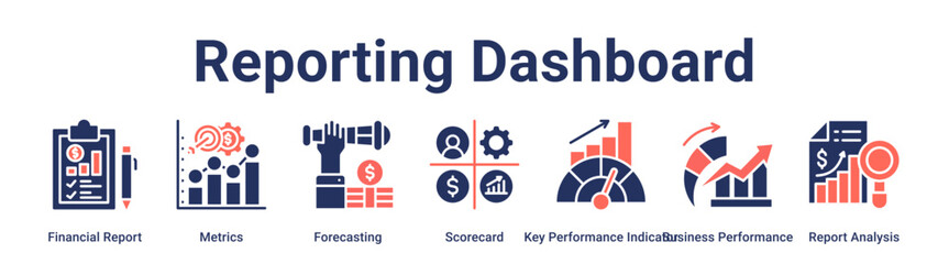 Reporting Dashboard  banner web icon vector illustration concept for business with icon of Financial Report, Metrics, Forecasting, Scorecard, Key Performance Indicator, Business Performance, Report.