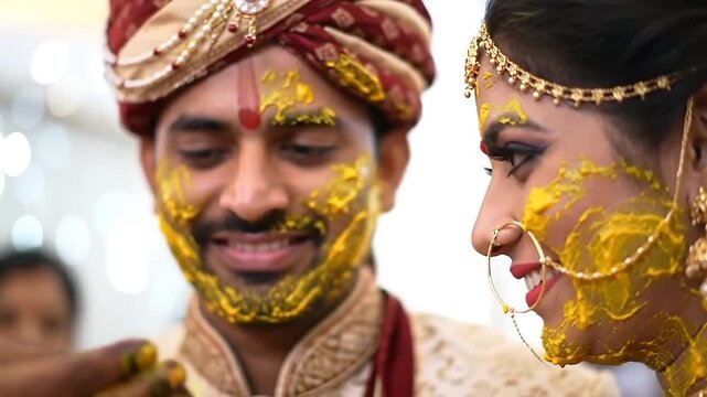 Couple with yellow paste on faces during a traditional pre-wedding ceremony