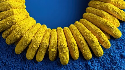 A close-up view of bright yellow objects arranged in a semi-circle against a blue backdrop