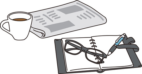 コーヒーと新聞とメモ帳のビジネスイメージのアイテムイラスト素材