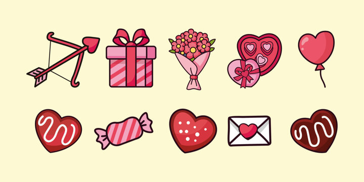 et of cute valentine&rsquo;s day vector illustrations featuring heart icons, cupid arrow, gift box, flower bouquet, chocolate, candy, love letter, and balloon. minimalist cartoon style with soft pastel colo