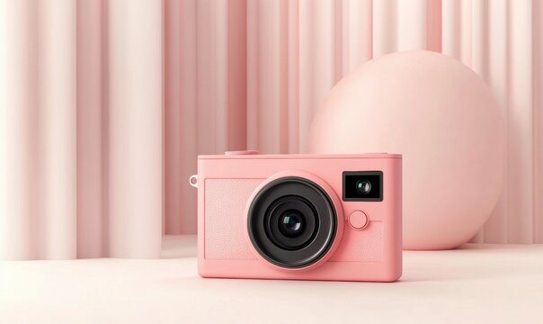 Retro pink camera still life with spheres and drapes photography