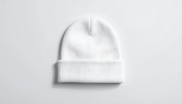 White winter beanie hat mockup on light grey background