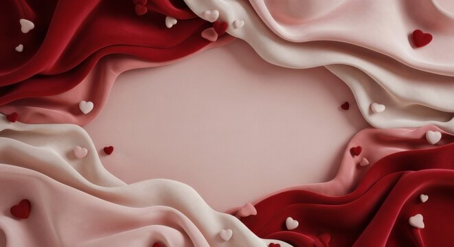Happy Valentines Background with Red and White Fabric, Hearts, and Beads in a Soft Focus View