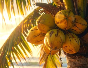 Coconuts on a palm tree at sunset.