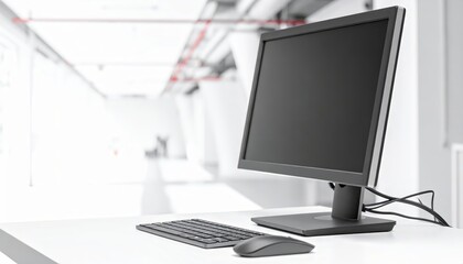Fototapeta premium Modern desktop computer mockup with blank white screen on office desk