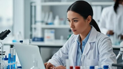 Young Female Scientist in Laboratory Analyzing Data on Laptop Surrounded by Test Tubes and Equipment - Powered by Adobe
