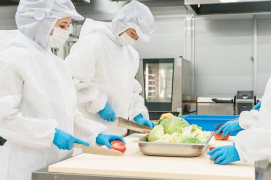 Male and female staff working in food processing wearing sanitary clothing (food hygiene, food factory, hygiene management)