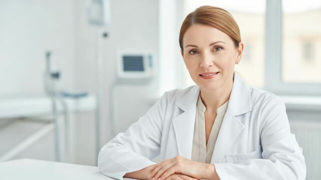 Confident Female Doctor in White Coat at Medical Office Smiling Patiently During Consultation