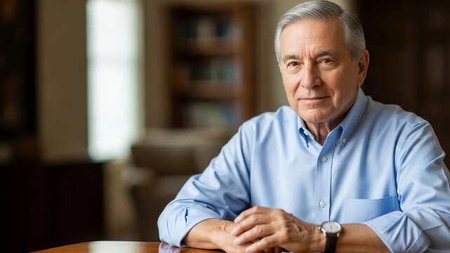 Senior Man with Gray Hair in Light Blue Shirt Sitting in Cozy Indoor Setting