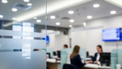 Modern office interior with glass partitions and blurred people working in a professional environment