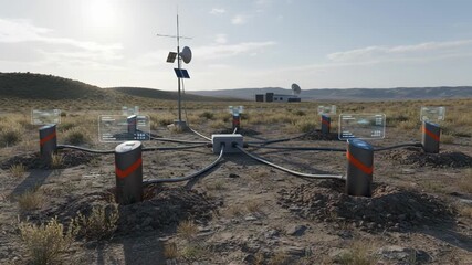 Medium shot of a series of interconnected seismic sensors placed outdoors transmitting realtime quake data to a remote monitoring center.