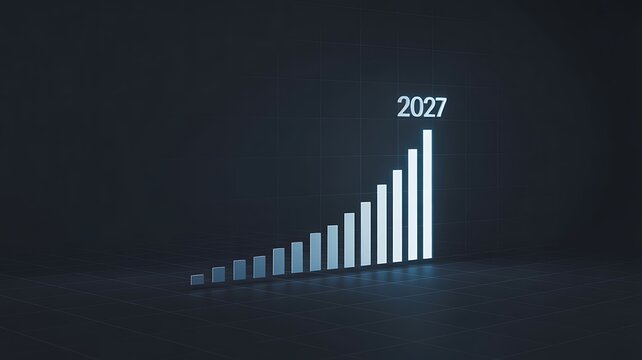 A vertical bar chart shows strong upward growth towards the year 2027 against a dark, minimalist background, symbolizing success and future potential.