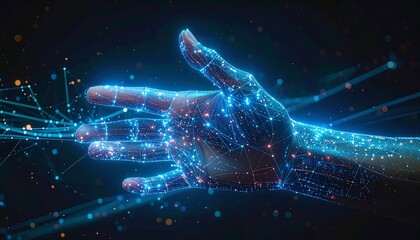 Glowing hand with digital network connections.