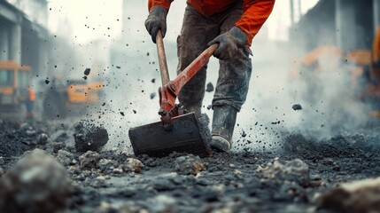 A focused worker powerfully breaks an urban road surface with a pickaxe, scattering dust and debris, representing the strenuous effort in crucial construction and infrastructure work