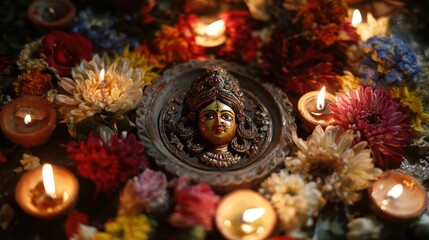 Golden Idol Surrounded by Flowers and Candles in Soft Light.