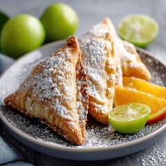 Delicious Apple Turnovers with Citrus Fruit and Powdered Sugar.